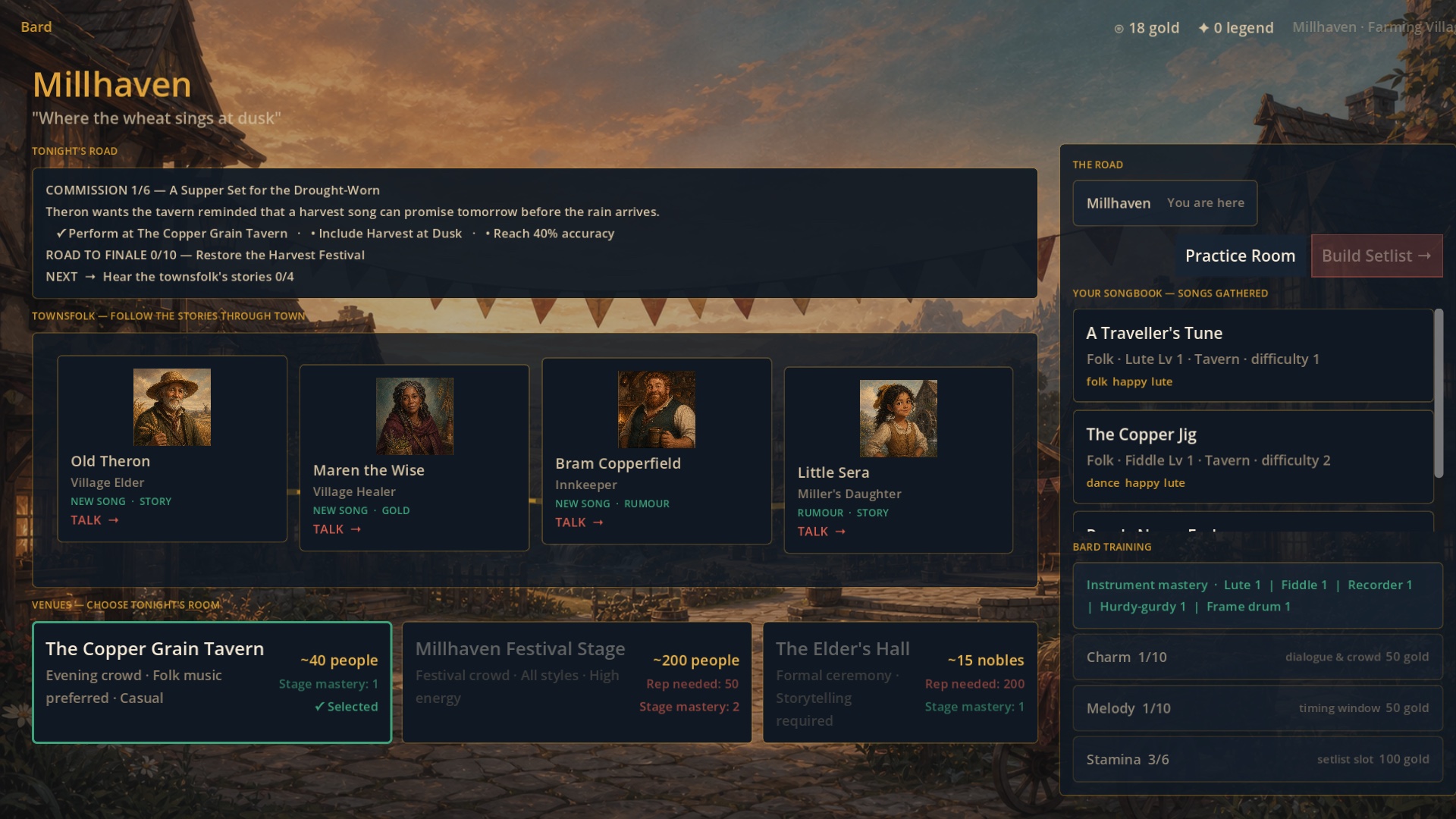 Exploring Millhaven in Wandering Bard gameplay