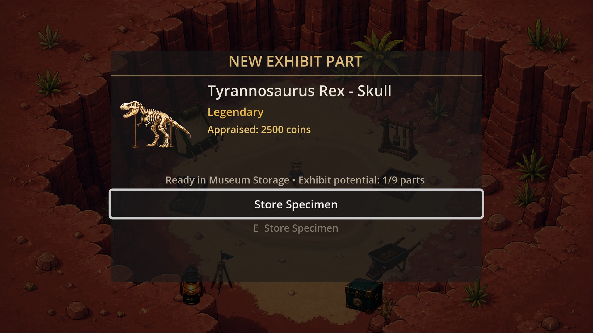 A legendary Tyrannosaurus rex skull discovery in Fossil Bound gameplay