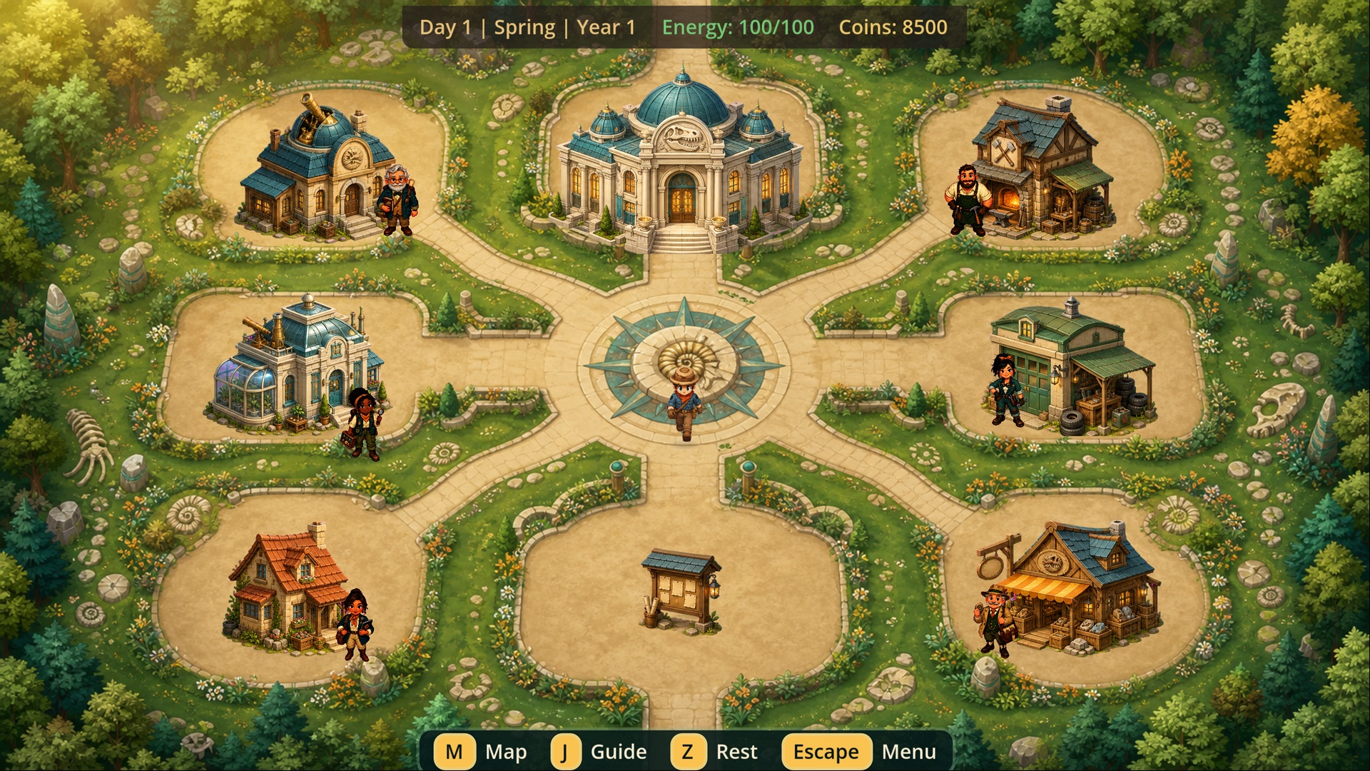 The town and museum hub in Fossil Bound gameplay