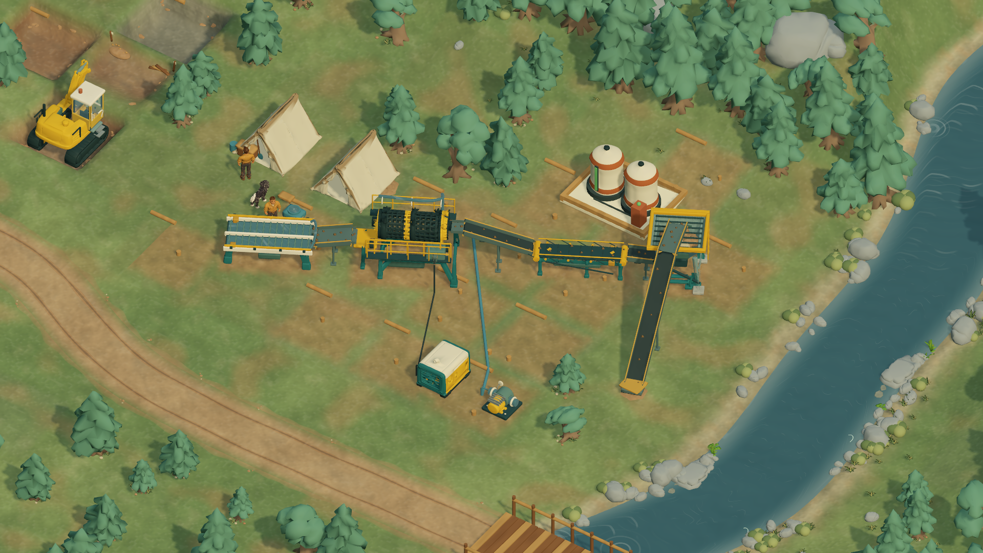 Connected conveyors, a trommel and sluice beside the creek in PAYDIRT. This machinery is full-game progression.