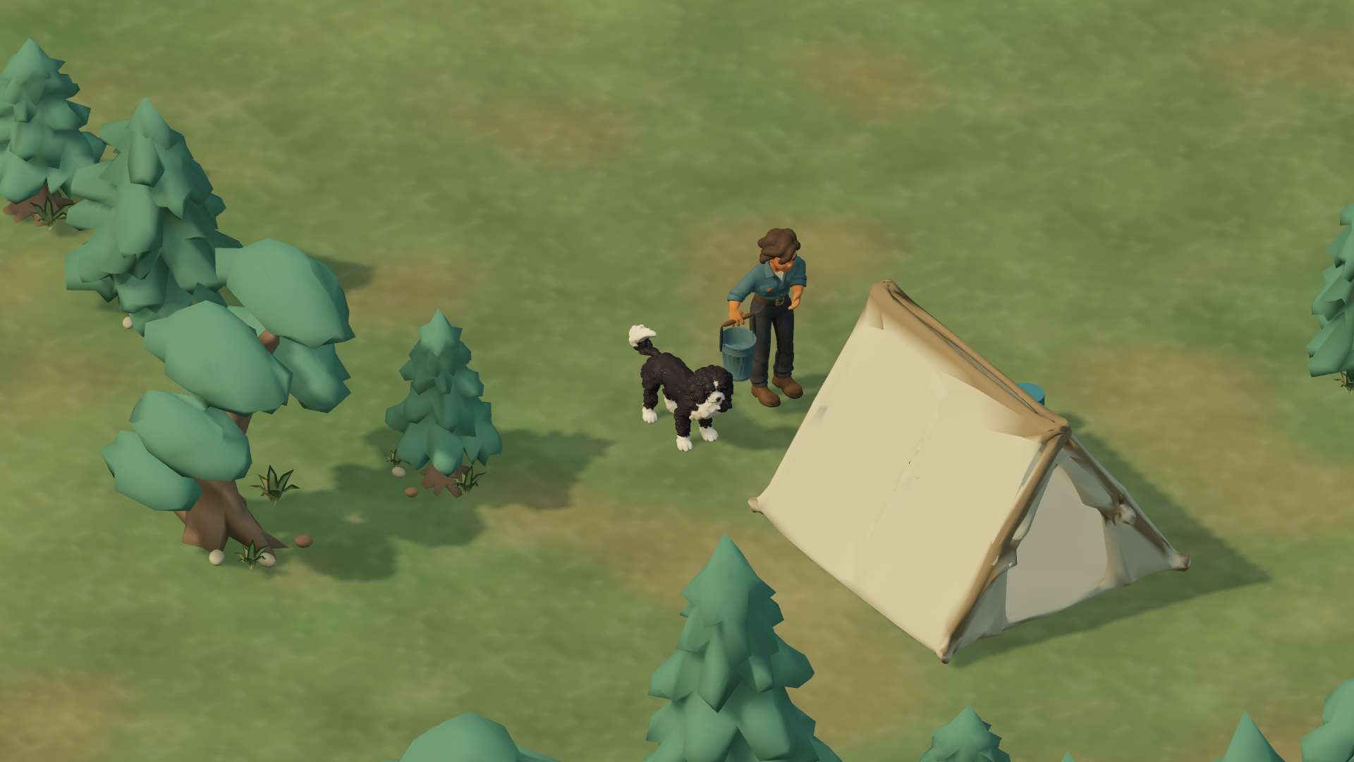 Pepper, the black-and-white Bernedoodle, beside a prospector holding a bucket at their starting tent in PAYDIRT.
