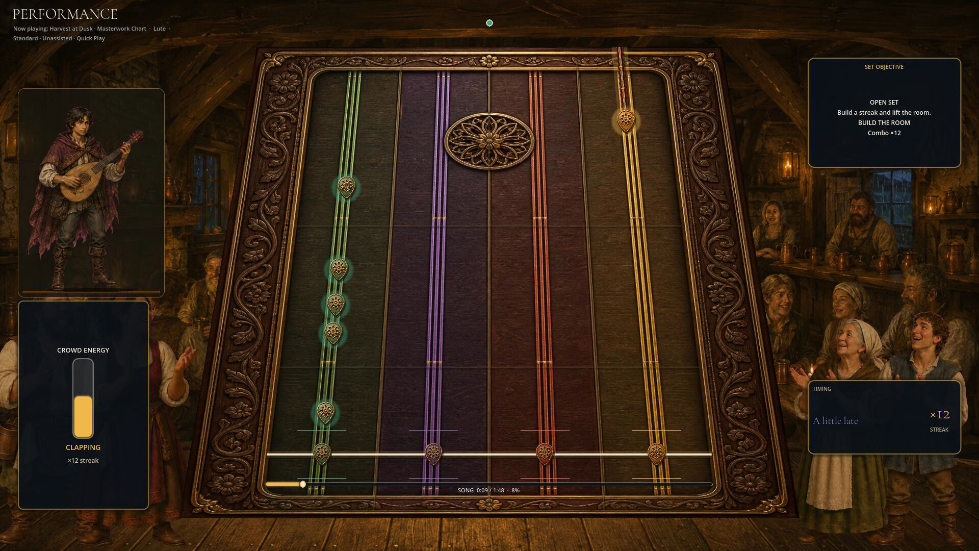 Playing a four-lane lute rhythm chart for a tavern crowd in Wandering Bard