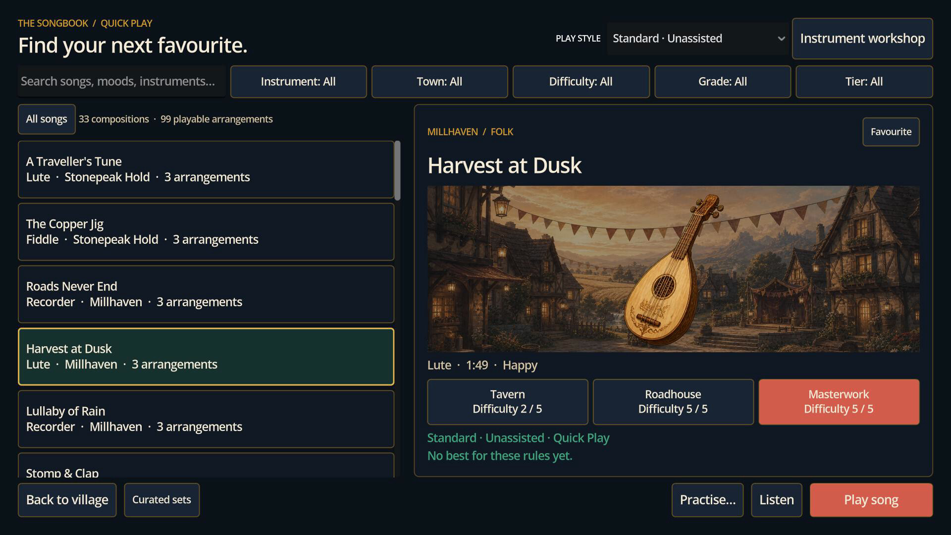 Wandering Bard's Quick Play songbook with arrangements and saved favourites