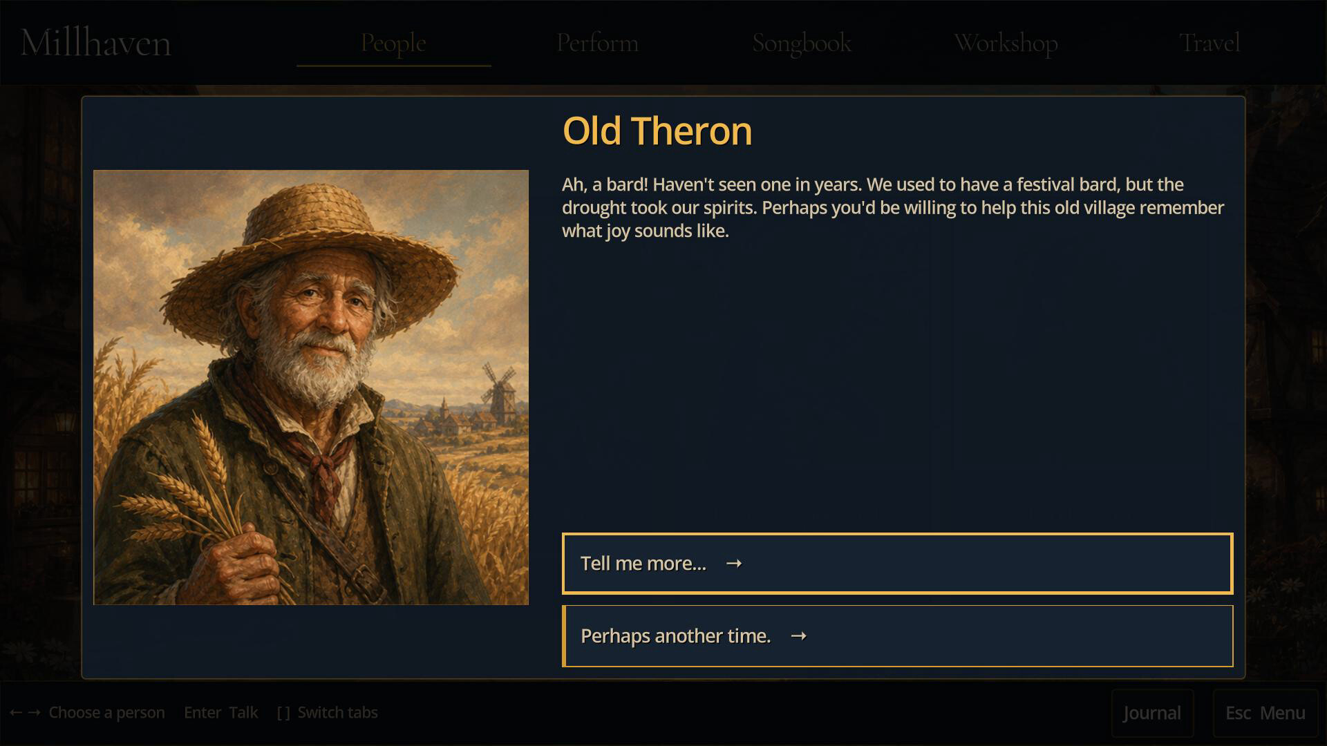 Listening to Old Theron's story in Millhaven in Wandering Bard