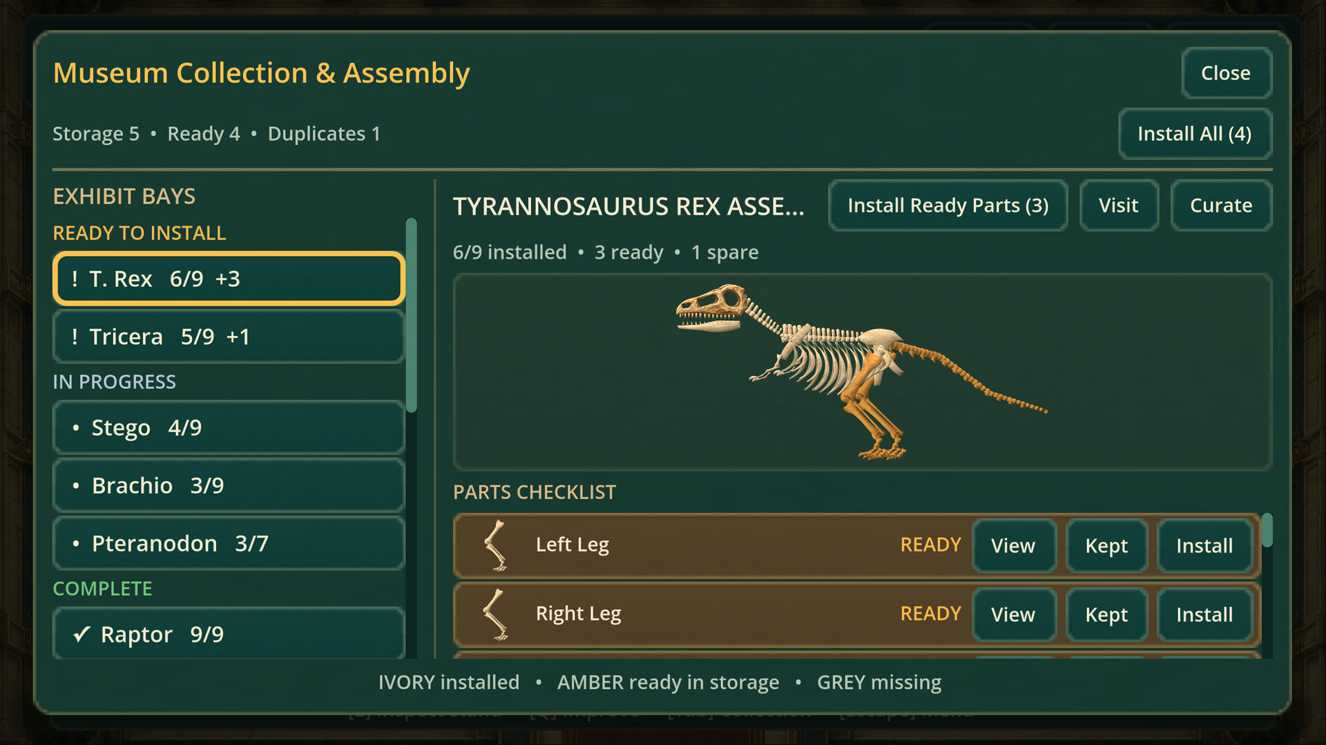 The museum collection screen showing recovered pieces ready for a Tyrannosaurus rex exhibit