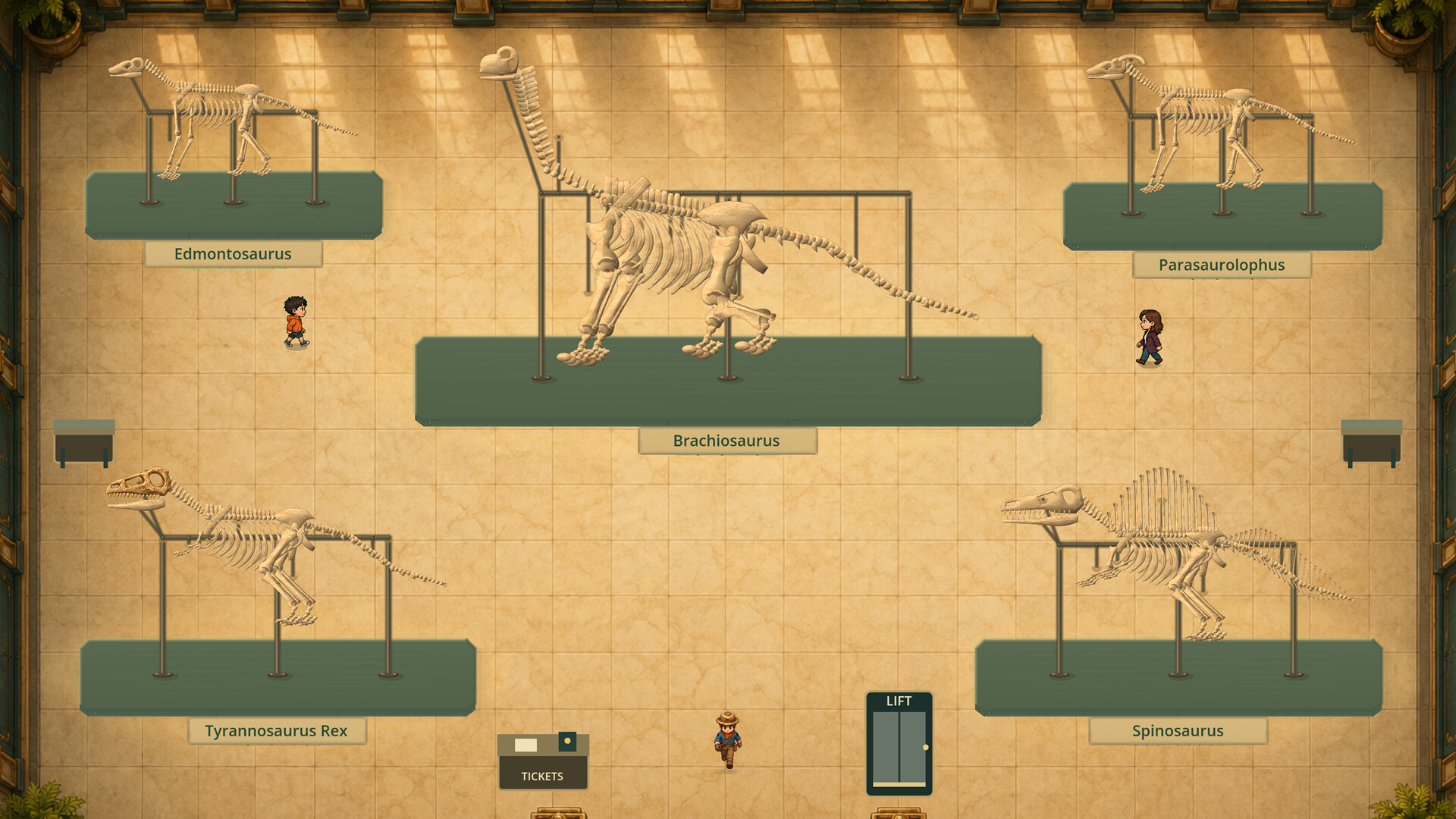 Dinosaur skeletons on display in Fossil Bound's Hall of Giants
